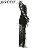 BITCED Autumn Women's Solid-Colour High-Waisted Fashion Square-Neck Long-Sleeved Lace-Panel Dress