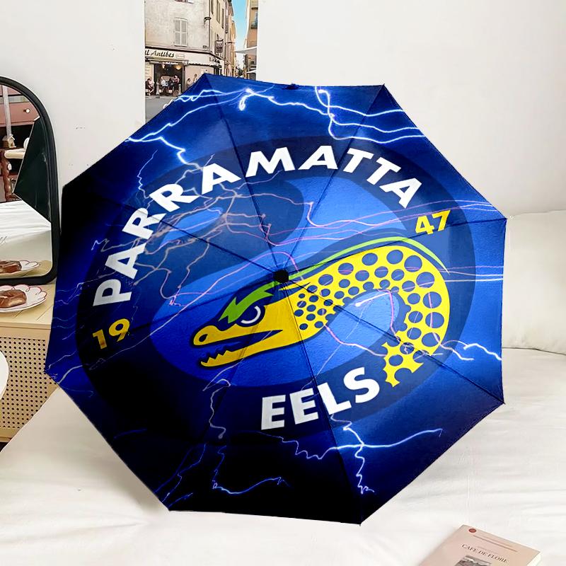 Parramatta Eels Team Crest Automatic Folding Umbrella - 8-Rib Travel Umbrella with Auto Portable Case, Ideal Gift for Birthdays