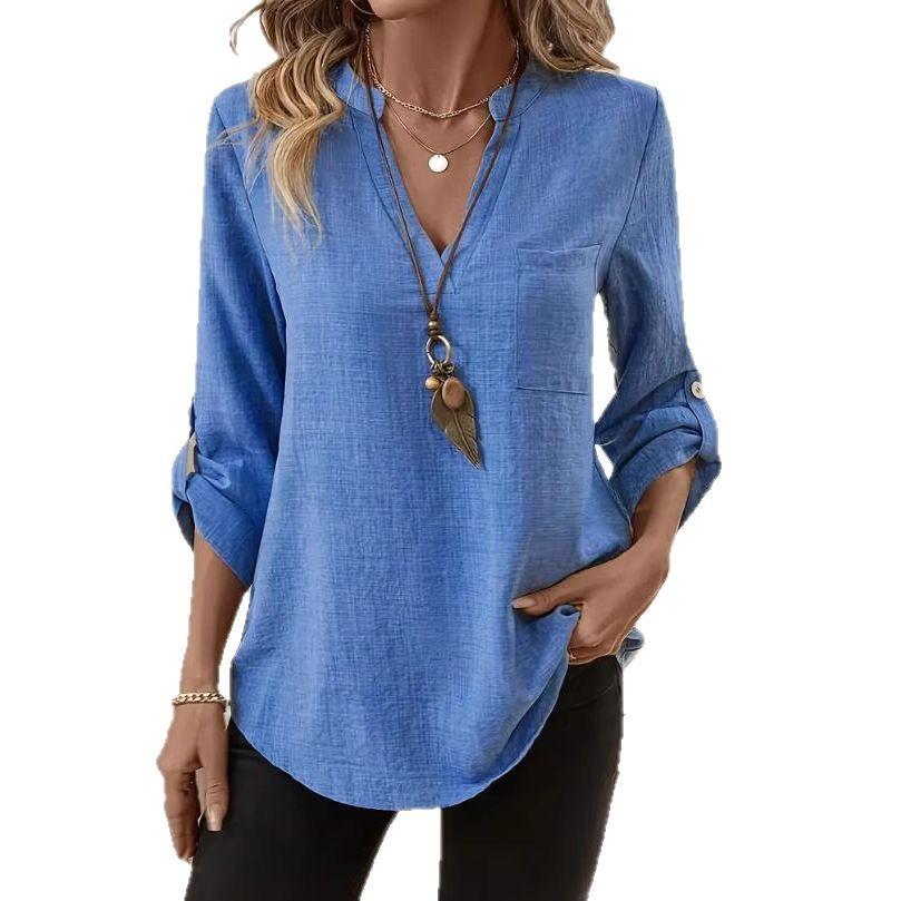 Woman Clothing Cotton Linen Shirt with Buttons and Large-size V Neck for Women Tight Fashion Long Sleeve Solid Color Top