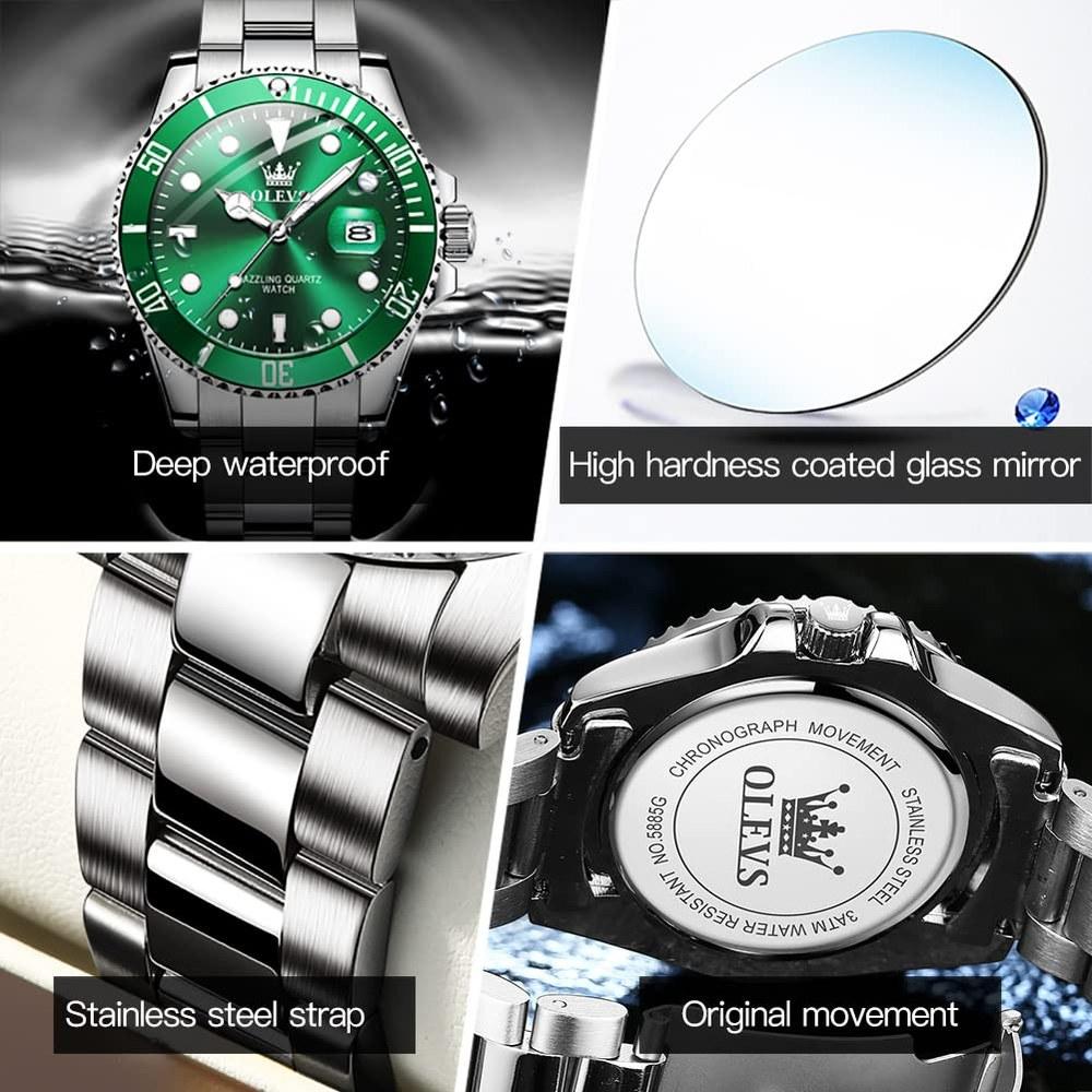 OLEVS Classic Big Face Men's Business Dress Watch Green Black White Blue Dial Luminous Quartz Stainless Steel Round Flywheel Multi-function