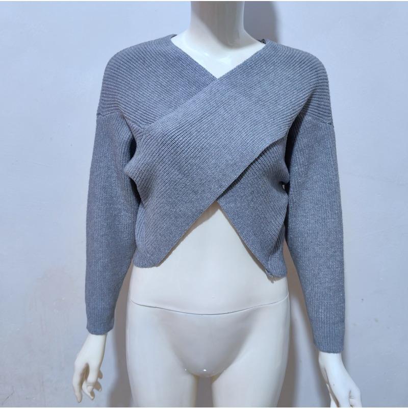 Women S Loose V Neck Cross Design Long Sleeve Knitted Sweater