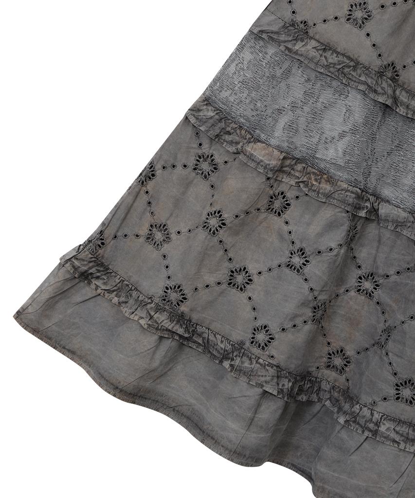 Ulkin [Runway] Traditionally Dyeing Persimmon, Ink Mugunghwa Punching Lace Frill Long Skirt_Brown