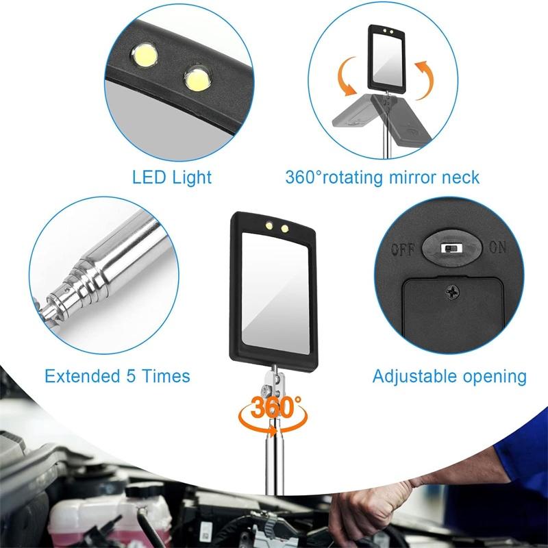 Car 360° Mirror LED Light Telescoping Mirrors Extend Mechanic Tools Inspection Mirror Telescopic Handle Repairing Tools