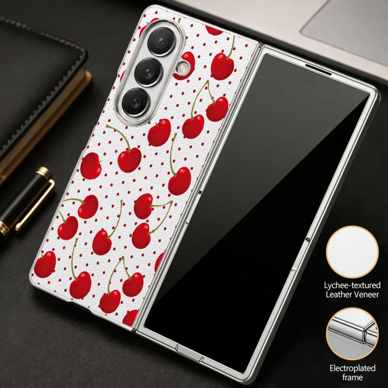 Polka Dot Cherry Print Case For Samsung Z Flip 8 7 6 5 Luxury Plating Leather Skin Folding Phone Cover For Galaxy Z Flip8 Flip7 Flip6