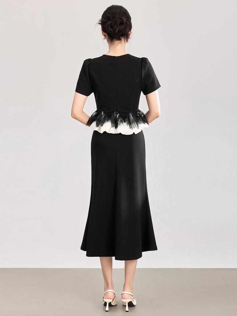 High-Quality Socialite Style Rhinestone-Inlaid Faux Two-Piece Slim-Fit Dress for Spring/Summer