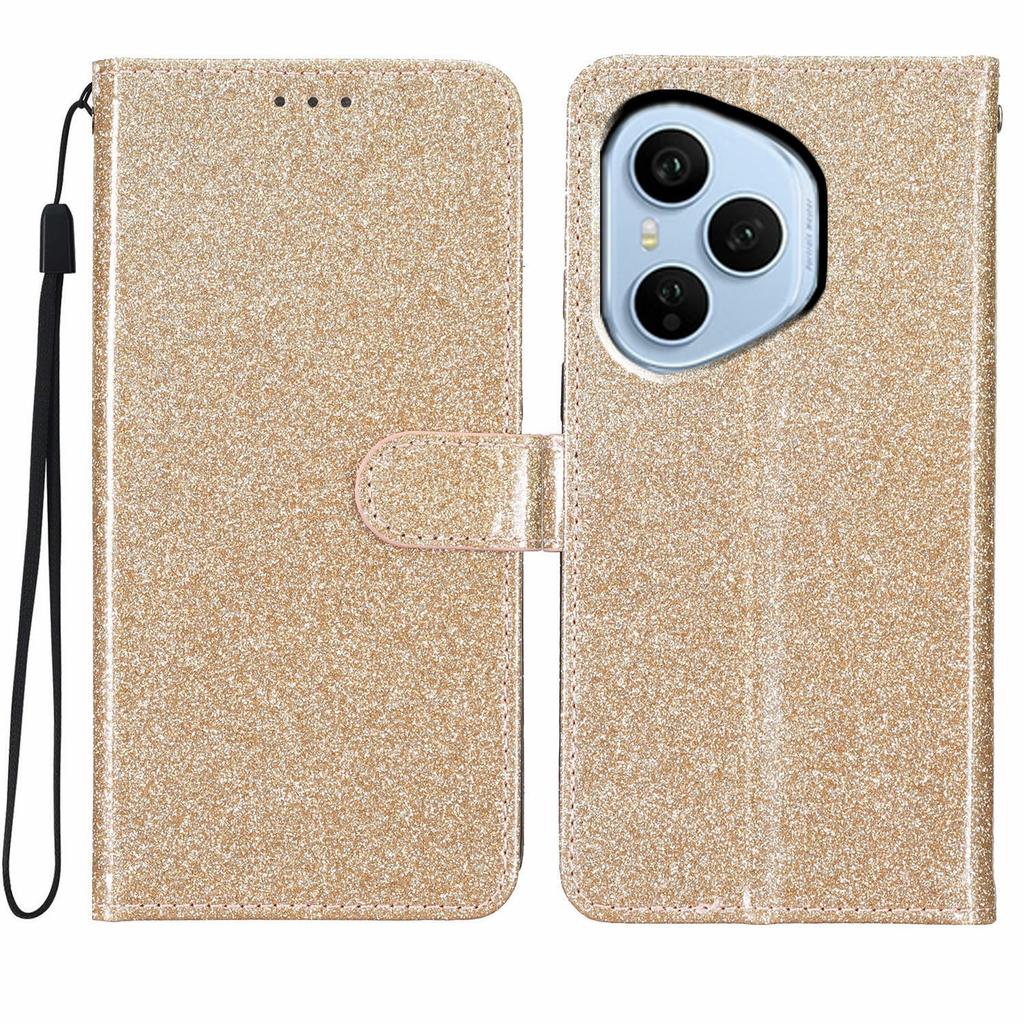 Für Honor 400 Pro 5G (Global) Glitzernde Kratzfeste Leder-Ständer-Handyhülle mit Riemen