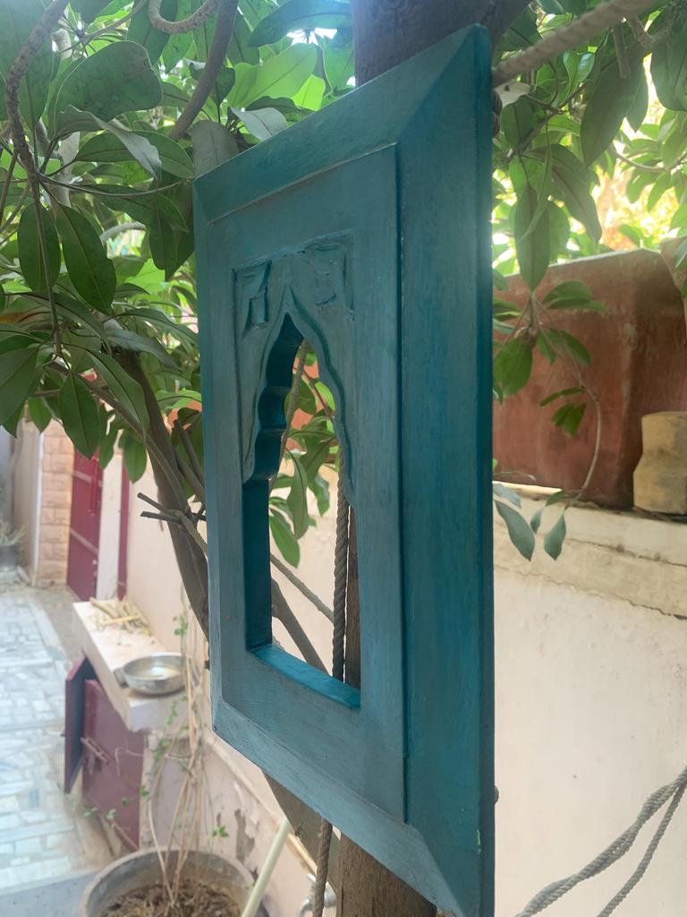 Blue Painted Wood Frame: Indian Jharokha Style Wall Decor