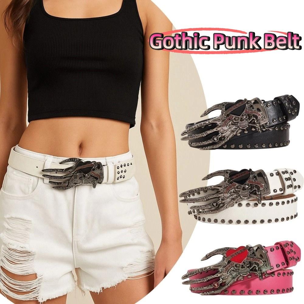 American Punk Skull Rivet Belt Jeans Decor PU Leather Waistbands Love Hand Palm Belt  Daily