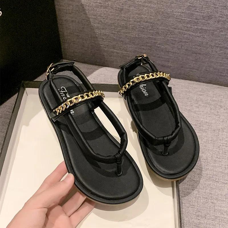 Fashion 2024 Shoes Woman  Trend Ladies Shoes New Fashion Metal Chain Women's Slippers Summer Flat Casual Beach Flip Flops  Women