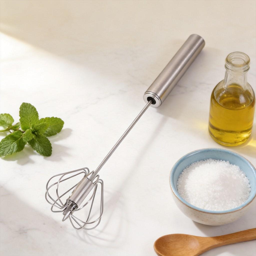 Stainless Steel Handheld Egg Beater With Rotating Whisk For Baking And Cooking