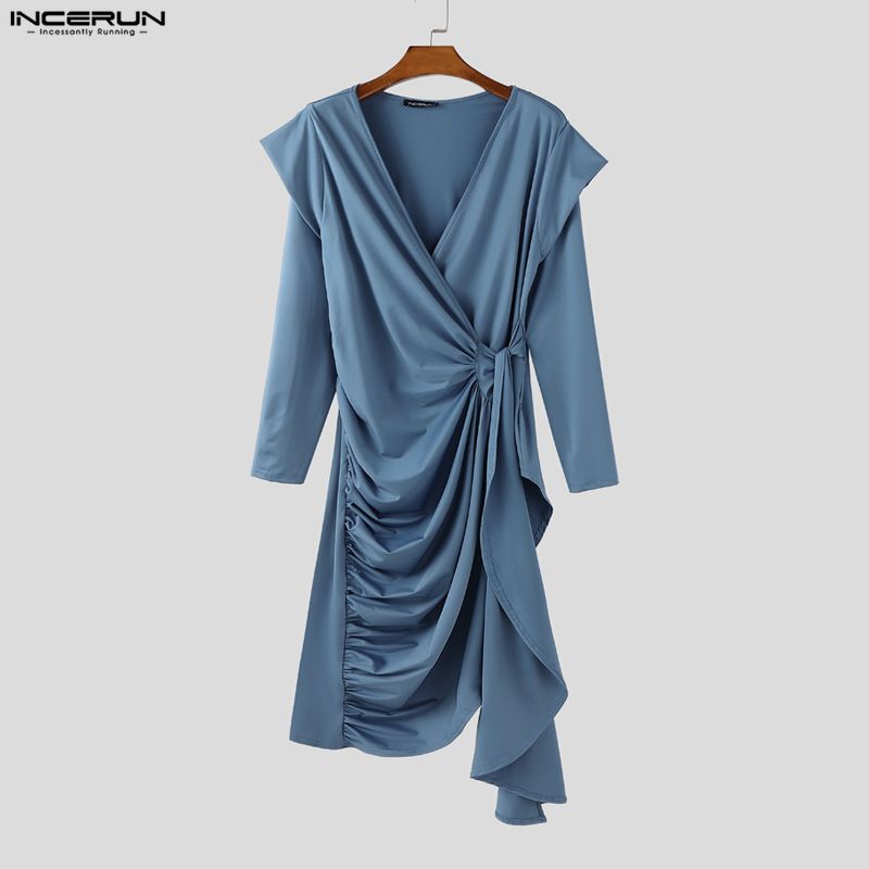 INCERUN 2 SZTUKI Męskie Koszulki z Dekoltem V i Długim Rękawem Falbankowe Skręcone Zestawy Ubrań Domowych Spodnie