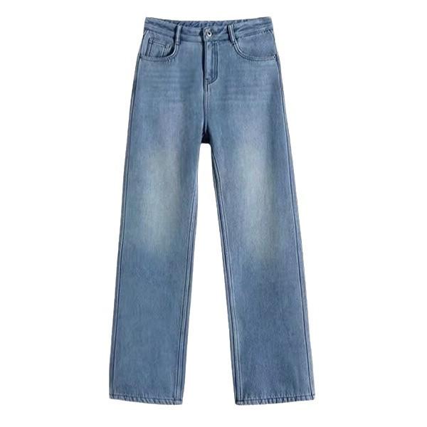 Women's High-Waisted Retro Blue Fleece-Lined Wide-Leg Jeans - Autumn/Winter Slimming Style for Plus-Size.