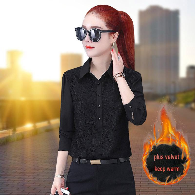 

Весна и осень 2025 г. Женские шифоновые кружевные блузки — универсальные топы с бархатом. 3XL