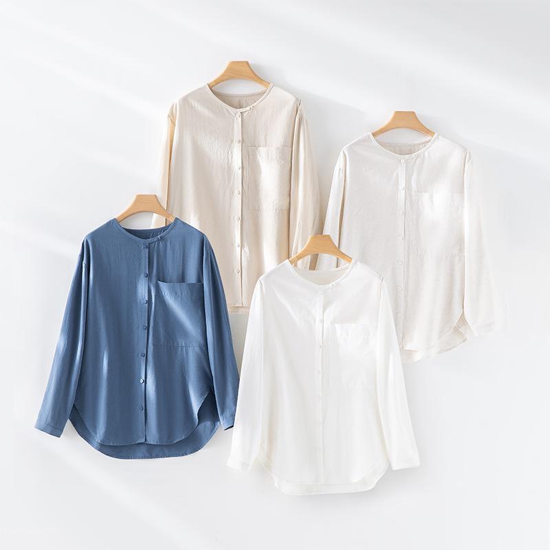 Early autumn new Lyocell Tencel linen Hong Kong style temperament round neck long-sleeved shirt simple casual versatile shirt women