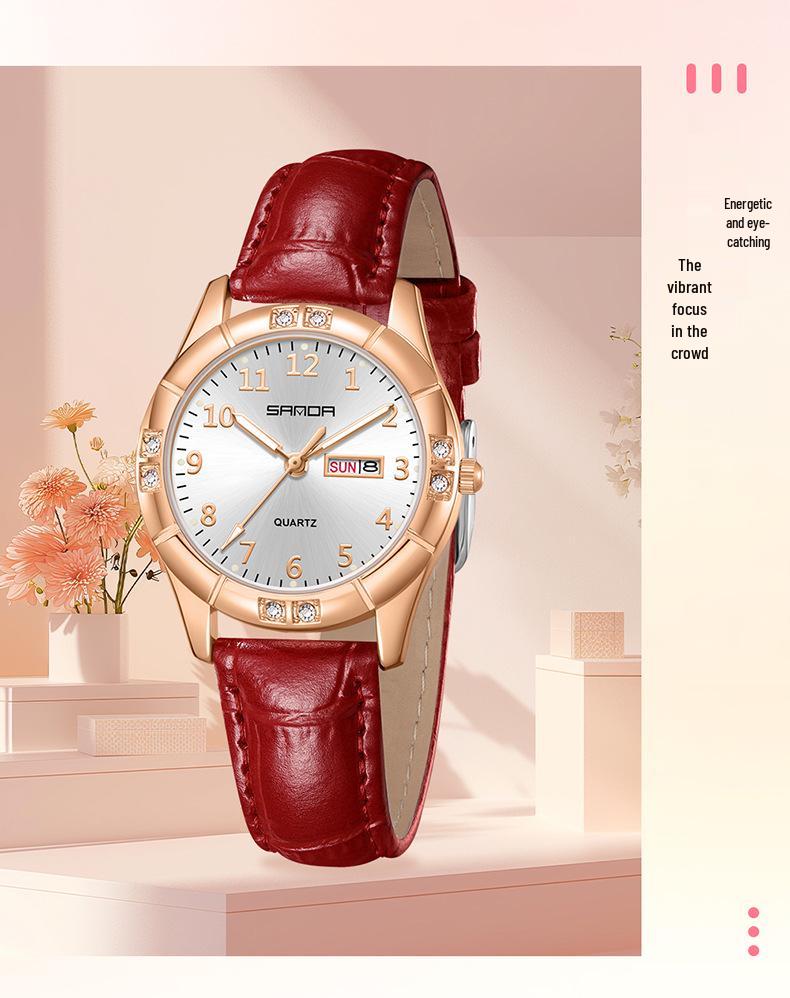 Sanda Junior High Student Retro Quartz Watch - Luminous, Dual Calendar, Waterproof, Sun Pattern, Fashionable Women's Style