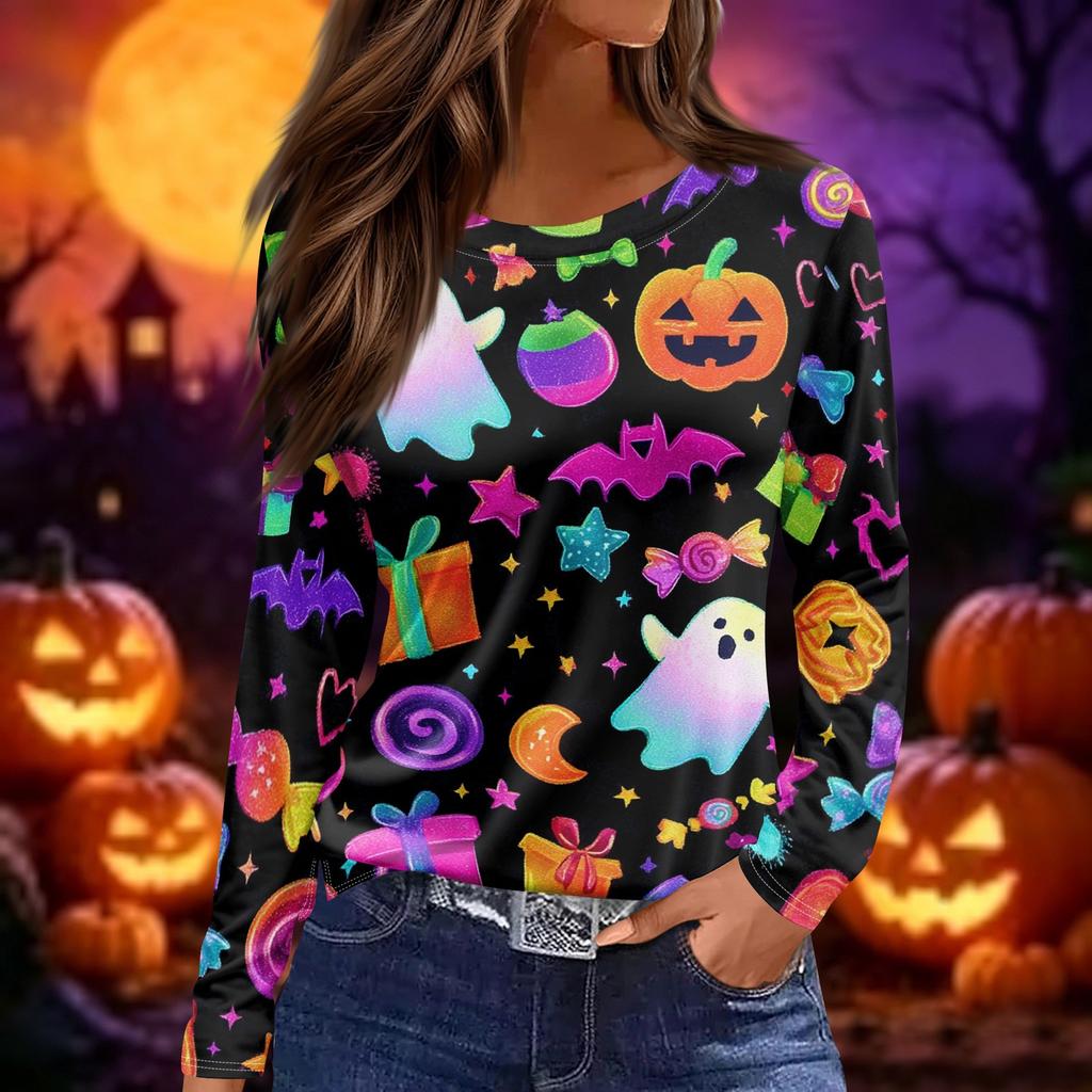 Women Long Sleeve Crew Neck Top Halloween Print Split Hem Casual Loose Fit Pullover Shirt for Fall Seasonal Wear