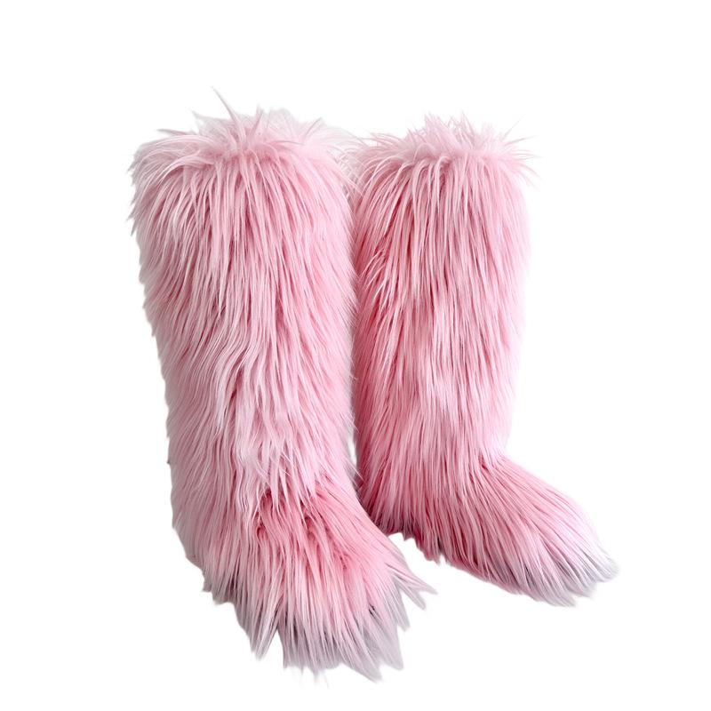 Faux Fur Snow Boot for Women Winter Warm Fluffy Long Furry Long Boots Women's Outdoor Fuzzy Knee-High Boots Plush Warm Snow Shoes for Outdoor Indoor