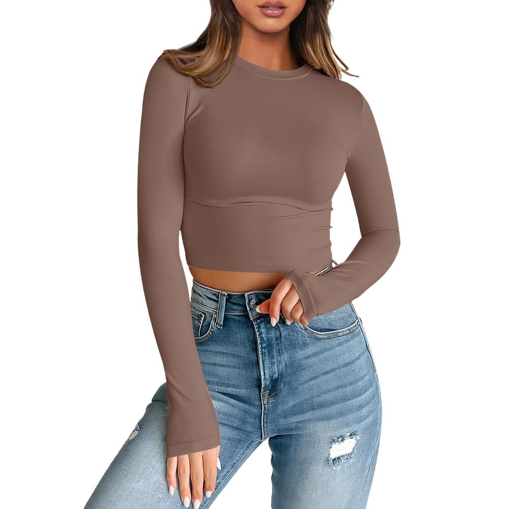 Women's Fashion Neckless T-Shirt Basic Slim Color Long Sleeve Top