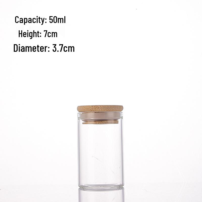 Agarwood Bamboo Lid Glass Display Bottle for Tea and Spices, 37mm Straight Opening.