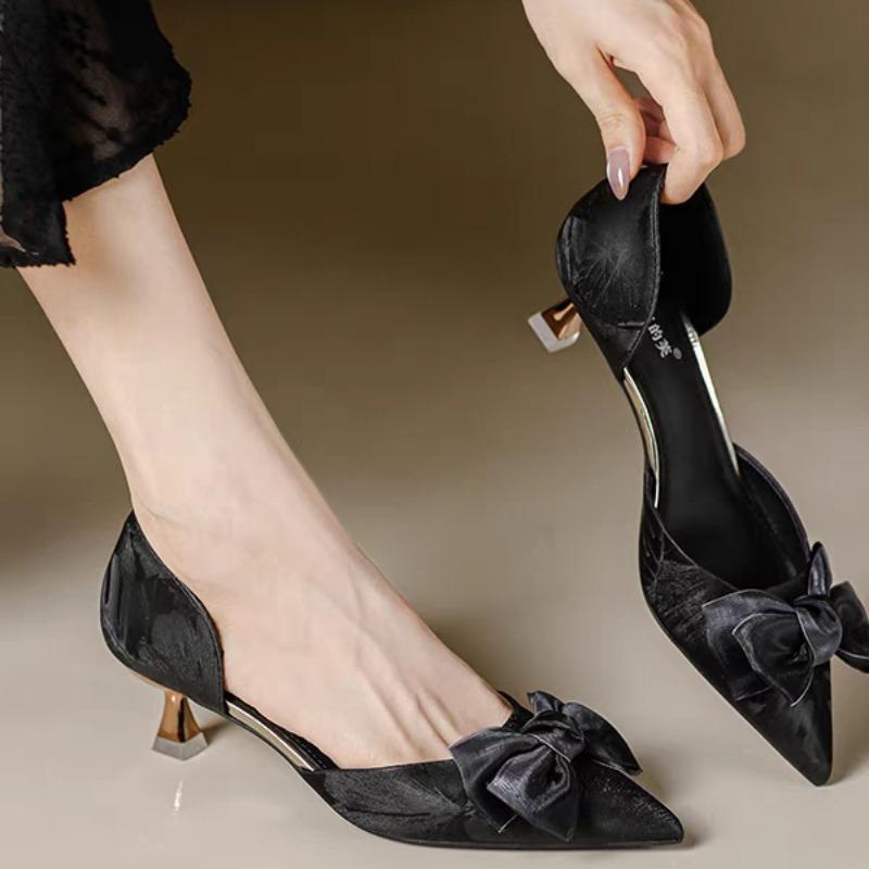 Summer New High Heels Pointed Head Shallow Mouth Flannelette Rhinestone Butterfly Knot Anti-slip Wear-resistant Single Shoes