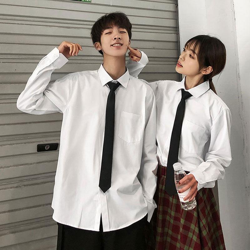 Long Sleeve Pocket Shirt Boys College Style Tie Graduation Class Uniform White Top Shirt Men's Student Couple Clothing