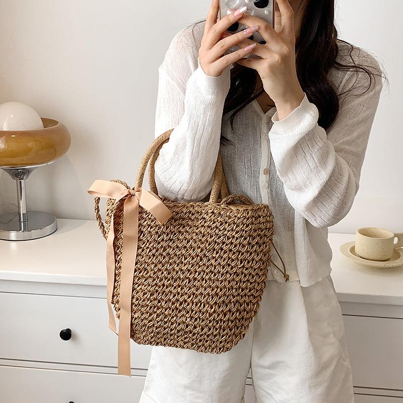 Yogodlns летняя соломенная женская сумка через плечо с бантом и декором — фото 7