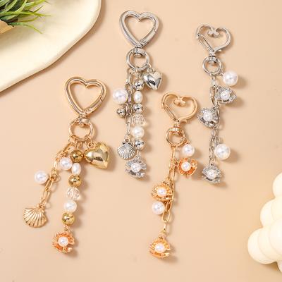 Fashion Summer Beach Shell Keychain Pearl Beaded Key Ring Pendants for Women Girls Handbag Decor DIY Key Chain Jewelry Gifts