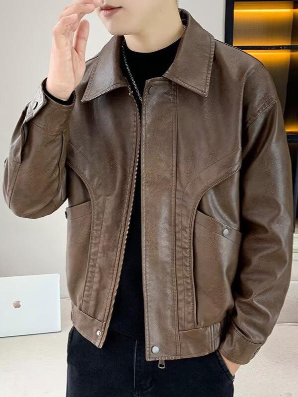 Men's Trendy PU Leather Motorcycle Jacket - Spring/Autumn Casual Lapel Coat