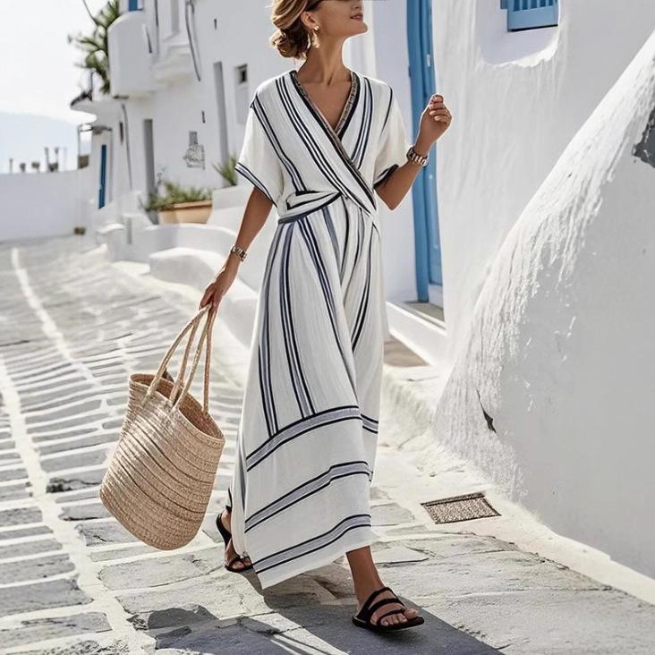 New European & American Summer V-neck Women's Ruffle Swing Dress