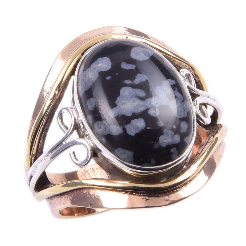 Natural Snowflake Obsidian Gemstone 925 Sterling Silver Two Tone Ring S.6 s4M67