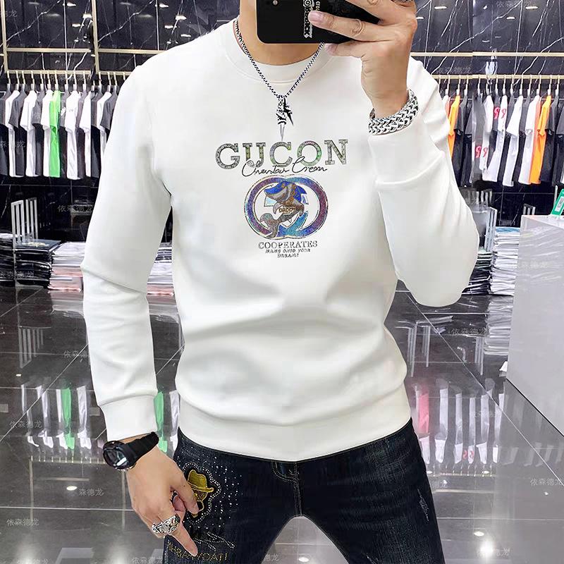 European Trend Men's Round Neck Double-Sided Cotton Hoodie - Comfortable Versatile Plus Velvet Long Sleeve Casual Top for Autumn/Winter