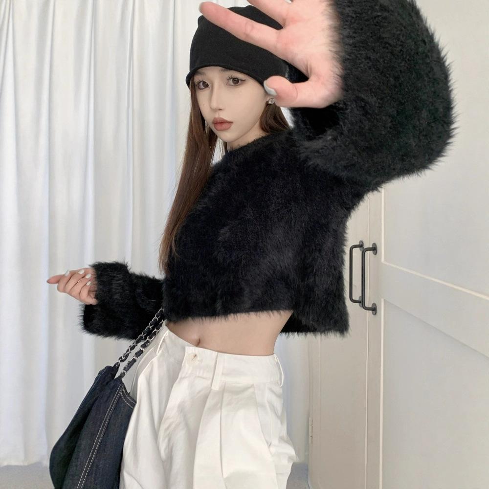 Black Gentle Wind Soft Waxy Sweater Women's Autumn and Winter Knitted Sweater Niche Loose Small Short Lazy Clothes