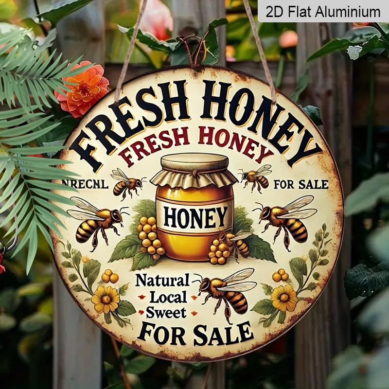 2D Flat Retro Fresh Honey Discount Aluminum Wall Logo-8x8 Inch Country Farmhouse Decoration with Bee and Jar Art, Humorous Kitchen Plaque Suitable