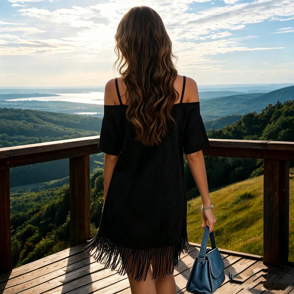 Women's Fashion Suede Off Shoulder Strap Loose Short Sleeve Dress with Fringe Hem Casual Summer Dress