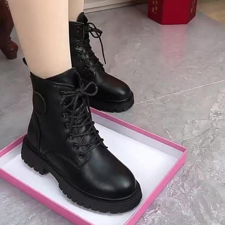 Women's Genuine Leather Martin Boots: Thick Sole, Plus Velvet, Wool-Lined, Warm, British Style, Autumn/Winter Snow Boots.