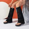Fashion Denim Women's Knee-High Cool Boots Summer Peep Toe Flip Flops Side Zipper Thick Soled Black Pants Sandals Ladies Shoes