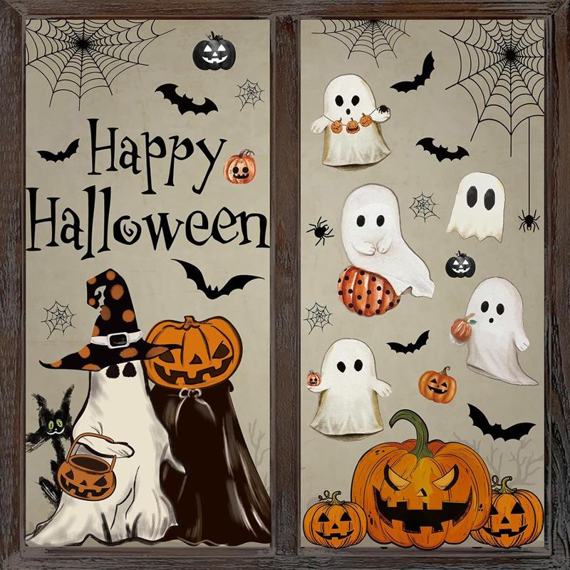 Cross-border new Halloween white ghost glass window decorative window sticker bat pumpkin window decal