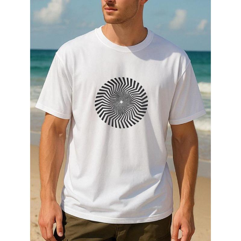 European Size Geometric Visual Effect Print, Patterned Printed Round-neck T-shirt, Versatile Daily Top, Lightweight Round-neck Short-sleeved Shirt