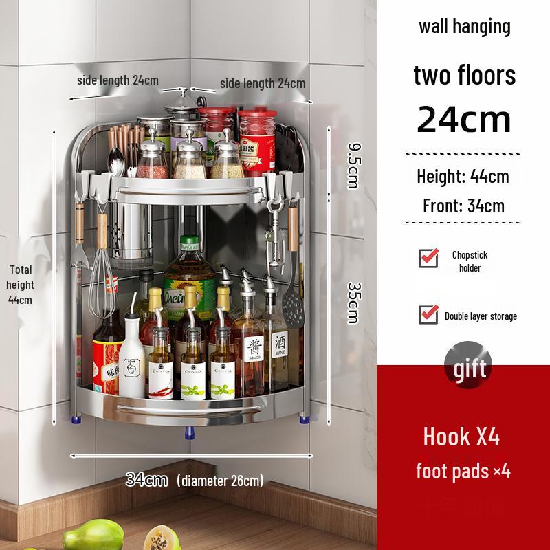 Stainless Steel Kitchen Corner Shelf for Oil, Sauce, Vinegar & Spices - Triangle Storage Rack with Knife Holder.