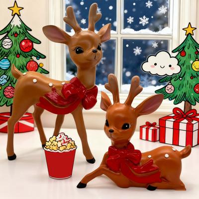 Vintage Geflecktes Reh Ornament Harz Sika Reh Figur mit Roter Schleife Niedliche Reh Statue für Weihnachtsdekoration Tisch Mittelstück