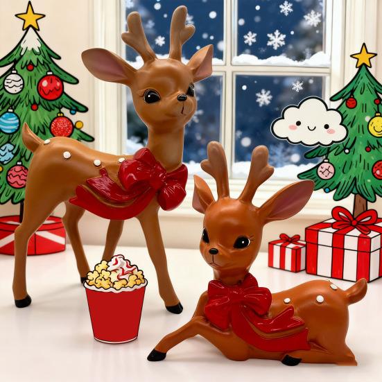 Vintage Spotted Deer Ornament Resin Sika Deer Figurine with Red Bow Cute Deer Statue for Christmas Decoration Table Centerpiece