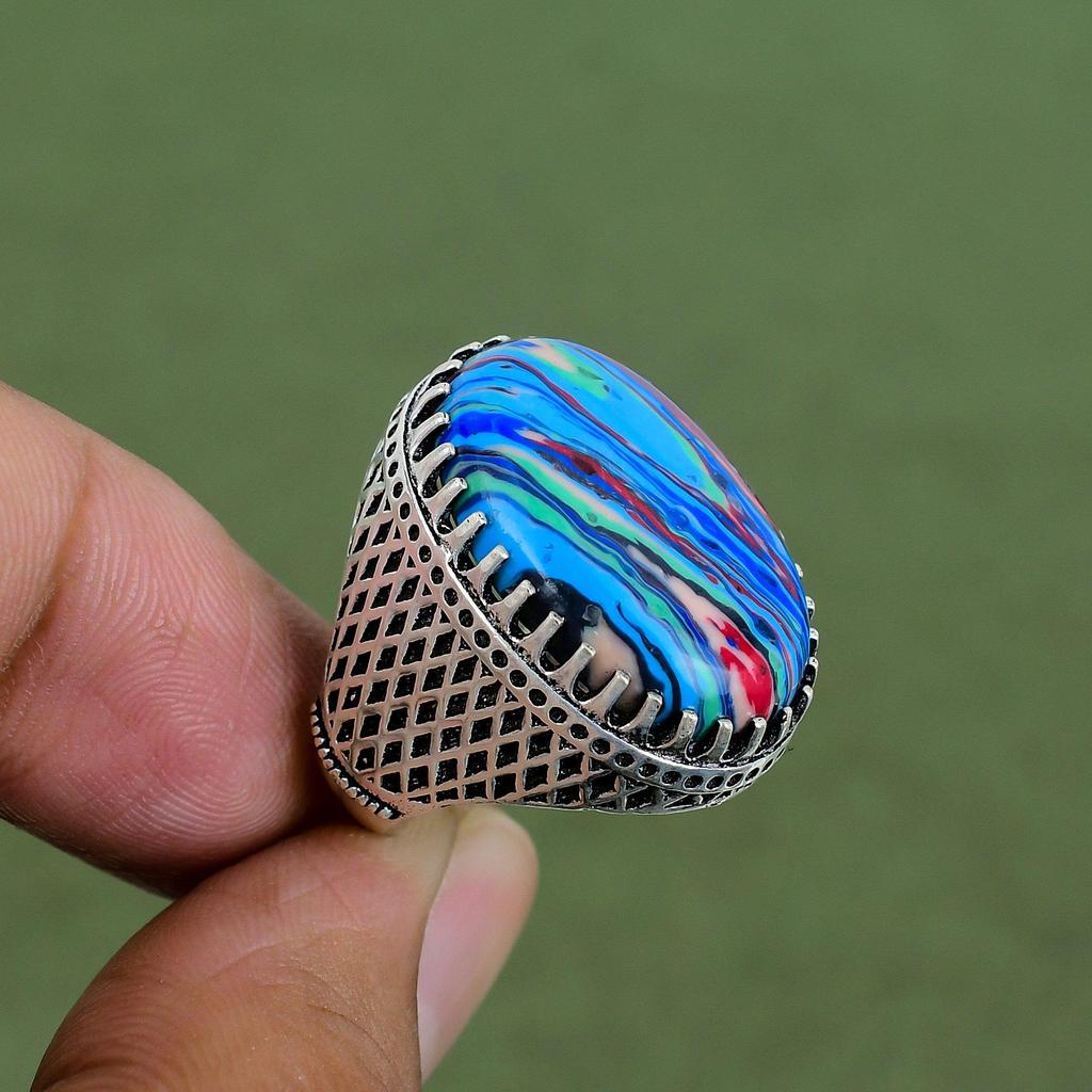 Rainbow Calsilica Ring 925 Sterling Silver Ring Designer Ring Genuine Gemstone Jewelry Handmade Ring Engagement Gifts Available In Ring Size
