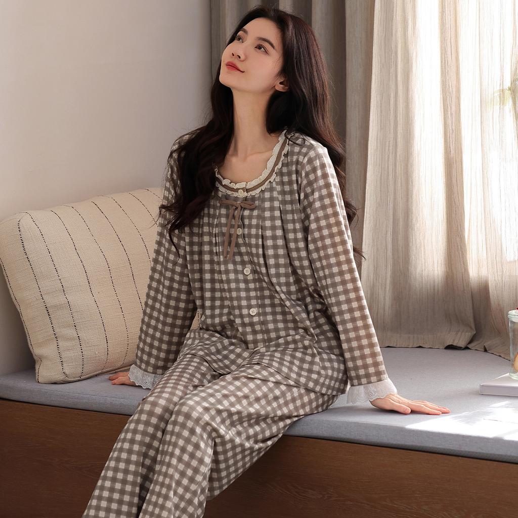 Pajamas women's spring, autumn and winter new pure cotton long-sleeved fashion plaid high-end cotton beautiful loungewear can be worn outside