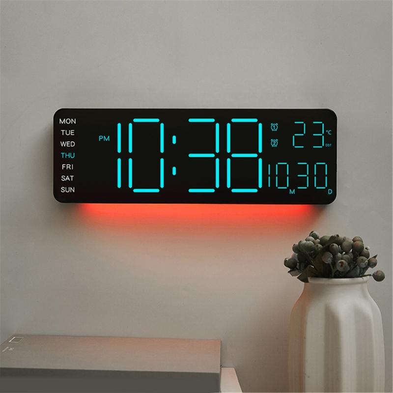 Modern Ambient Light Wall Clock Adjustable LED Screen Shows Time Temperature Date 12/24Hour Mode Easy Setups Home Decors