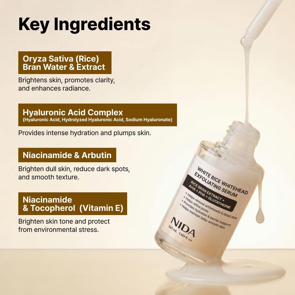 NIDA White Rice Whitehead Exfoliating Serum with AHA, PHA, Arbutin