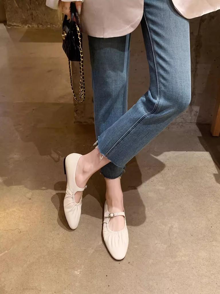 Cowhide version~ fairy style silver leather flat-soled single shoes women's pleated one-word buckle belt Mary Jane small leather shoes ladle shoes