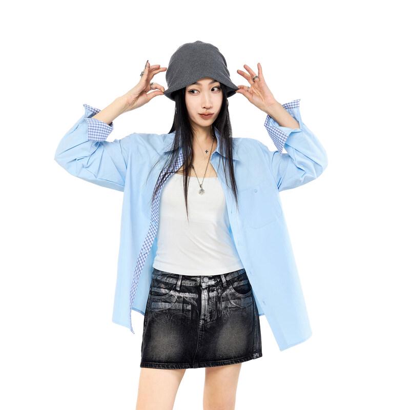 ICH MODE Women s Plaid Spliced Casual Shirt M