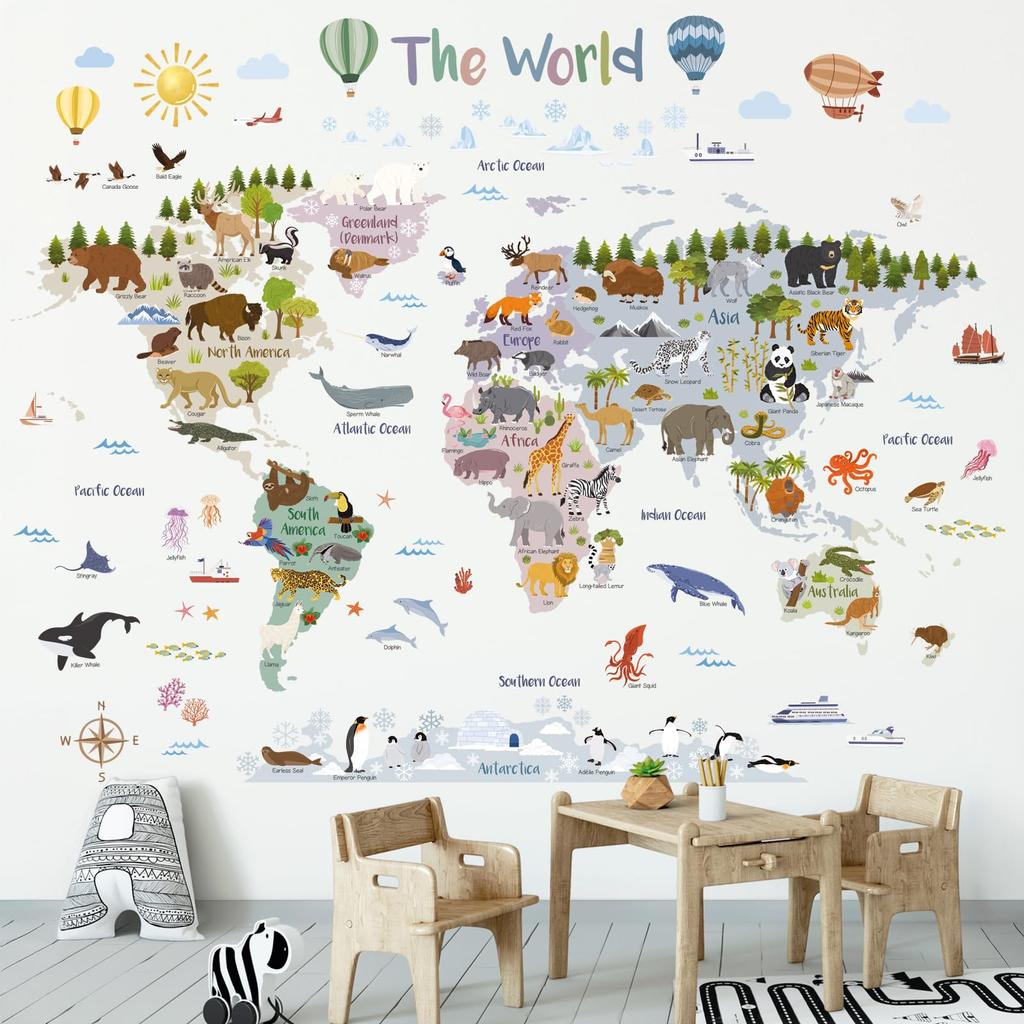 Decowall World Wall Sticker with 105 X 83 Educational Interior Wall Perfect for Baby and Peel and Stick Wall Decals Animals, Large, Cm, Decoration,
