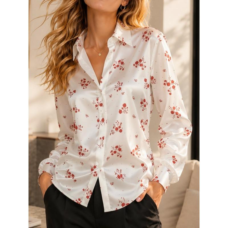 Women Green Satin Blouse White Floral Print Long Sleeve Button Down Shirt Elegant Spring Autumn Office Lady Top Casual Wear New