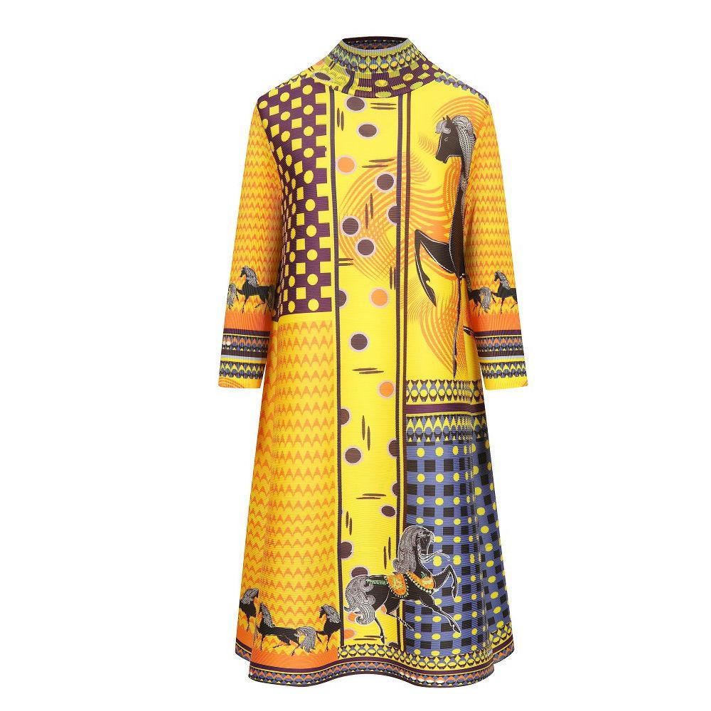 Falten Sie 2022 Frühling edles elegantes Temperament Retro-Druck hoher Ausschnitt ist dünn, locker, hochgeschlossener modischer mittellanger Rock